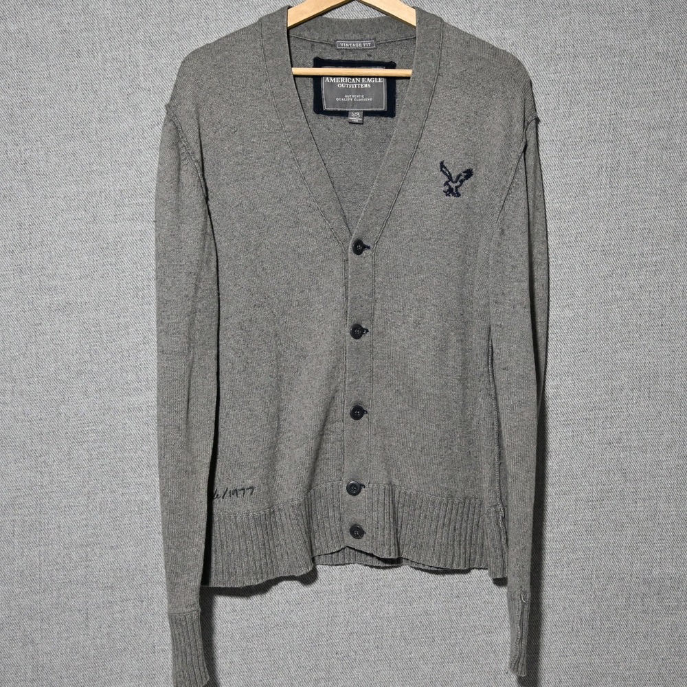 American Eagle Cardigan Mens Vintage Fit Elbow Patch Large Grey